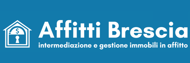 Casetta stilizzata color bianco son scritta "Affitti Brescia" color bianco e scritta piccola " gestione e intermediazione immobili in affitto" sondo dell'immagine azzurro