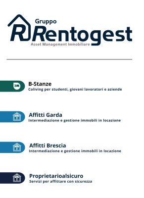 fondo grigio chiaro con loghi: "Rentogest" scritta color blu e "asset management immobiliare "color grigio, letto stilizzato su sfondo verde e scritta B-Stanze" color blu, casetta stilizzata color biano su sfondo blu e scritta "affitti garda" color azzurro, logo casetta stilizzata su sfondo azzurro e scritta "affitti brescia", logo casetta stilizzata bianca su sfondo blu e scritta "proprietarioalsicuro" color blu